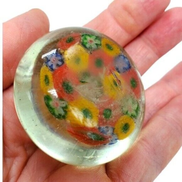 Vintage Art Glass Millefiore Paperwight Retro Flower Orange Yellow Green Blue 2" - Picture 11 of 14